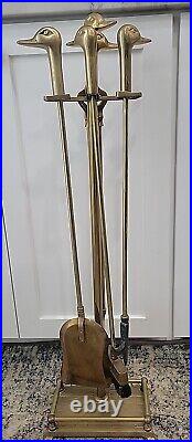 Vintage MCM Brass Duck Head Fireplace Tools Complete Set Of 4 Tools & Brass Base