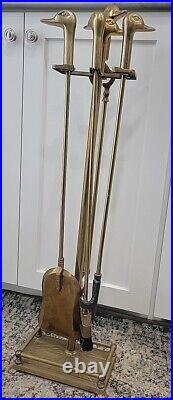 Vintage MCM Brass Duck Head Fireplace Tools Complete Set Of 4 Tools & Brass Base