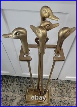 Vintage MCM Brass Duck Head Fireplace Tools Complete Set Of 4 Tools & Brass Base