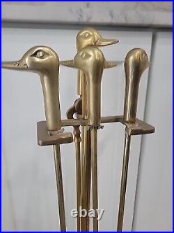 Vintage MCM Brass Duck Head Fireplace Tools Complete Set Of 4 Tools & Brass Base