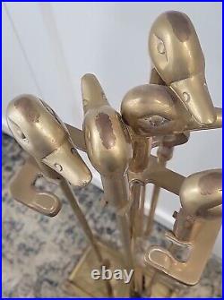 Vintage MCM Brass Duck Head Fireplace Tools Complete Set Of 4 Tools & Brass Base