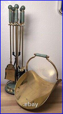 Vintage MCM Brass Green Marble Fireplace Tool Set & Matching Log Holder