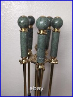 Vintage MCM Brass Green Marble Fireplace Tool Set & Matching Log Holder