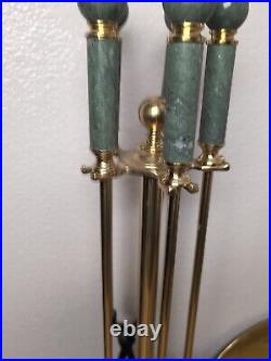 Vintage MCM Brass Green Marble Fireplace Tool Set & Matching Log Holder