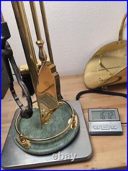 Vintage MCM Brass Green Marble Fireplace Tool Set & Matching Log Holder