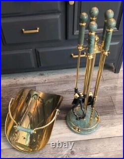 Vintage MCM Brass Green Marble Fireplace Tool Set & Matching Log Holder