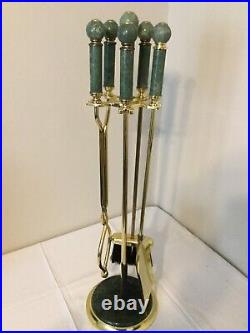 Vintage MCM Brass Green Marble Fireplace Tool set With Holder