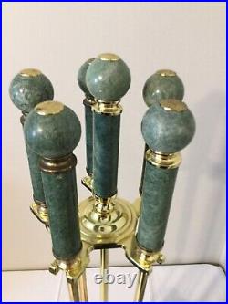 Vintage MCM Brass Green Marble Fireplace Tool set With Holder