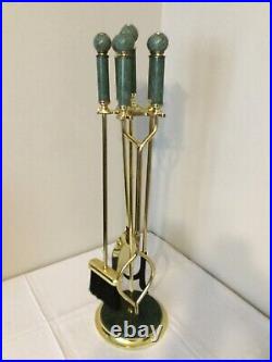 Vintage MCM Brass Green Marble Fireplace Tool set With Holder