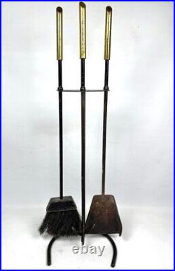 Vintage MCM Brass & Iron Fireplace Tool Set Wood DANISH MODERN MidCentury