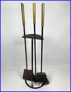 Vintage MCM Brass & Iron Fireplace Tool Set Wood DANISH MODERN MidCentury