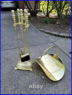 Vintage MCM Brass fireplace tools With Stand & Wood Tray