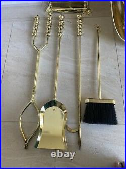 Vintage MCM Brass fireplace tools With Stand & Wood Tray