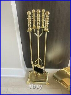 Vintage MCM Brass fireplace tools With Stand & Wood Tray