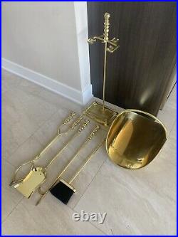 Vintage MCM Brass fireplace tools With Stand & Wood Tray