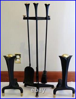 Vintage MCM DONALD DESKEY Brass & Cast Iron Fireplace Andirons & Tool Set