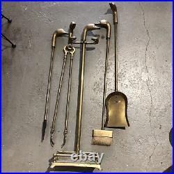 Vintage MCM Duck Head Matte Brass Fireplace Set 4 Tools on Stand Solid Brass