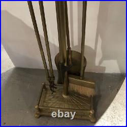 Vintage MCM Duck Head Matte Brass Fireplace Set 4 Tools on Stand Solid Brass
