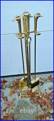 Vintage MCM Heavy Brass Duck unlimited Head Fire Place 5 Pcs Cleaning Tool Set