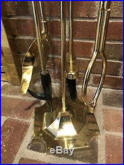 Vintage MCM Mid Century Modern Retro Brass & Iron Fireplace Tools Set & Stand