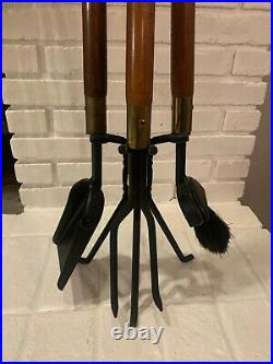 Vintage MCM Seymour Fireplace Tool Set and Stand Brass Wood Danish Modern