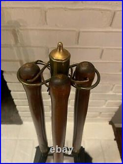 Vintage MCM Seymour Fireplace Tool Set and Stand Brass Wood Danish Modern
