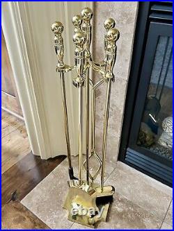 Vintage MCM Shiny Brass Set Of 5 Fireplace Tool Set Tongs Brush Shovel Poker