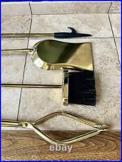 Vintage MCM Shiny Brass Set Of 5 Fireplace Tool Set Tongs Brush Shovel Poker