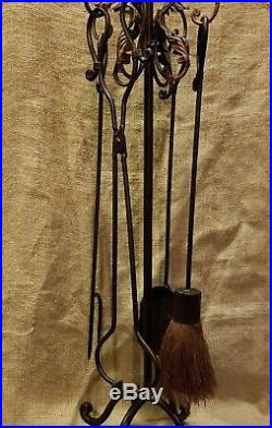 Vintage METAL TOLE IRON FIREPLACE TOOLS POKER BROOM STAND HOLDER 5 PC SET 34¼ T