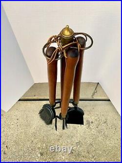 Vintage MId Century Seymour Walnut & Iron Fireplace Tools Set 4 pieceExcellent