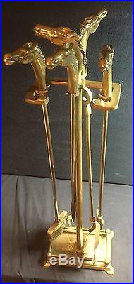 Vintage MUSTANG HORSE HEAD Brass Fireplace Tools 5 PIECE SET & STAND