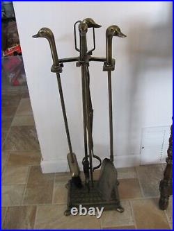 Vintage Mallard Duck Head Brass Fireplace Set 4 Tools with Brass Base MCM