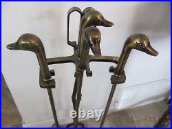 Vintage Mallard Duck Head Brass Fireplace Set 4 Tools with Brass Base MCM
