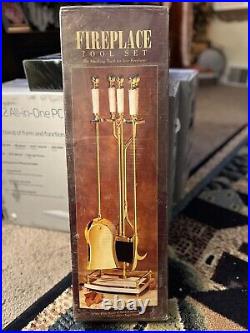 Vintage Marble Handles Brass Gold Fireplace Tools Set 5 X Pieces 31.5 VHF New