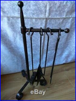 Vintage Metal Fire Place Tools Heavy Duty Iron Holder for Log Toolset Tongs