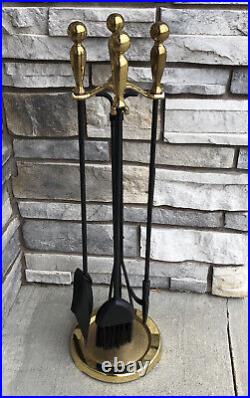 Vintage Metal Fireplace Tools Stand Set Shovel Brush Tongs Black Gold Round Base