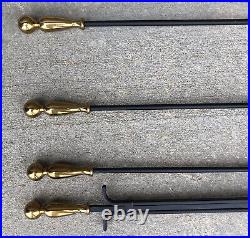 Vintage Metal Fireplace Tools Stand Set Shovel Brush Tongs Black Gold Round Base