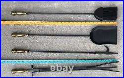 Vintage Metal Fireplace Tools Stand Set Shovel Brush Tongs Black Gold Round Base