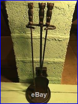 Vintage Mid Century 4 Piece Owl Fireplace Tools Stand Holder Metal Poker Hearth