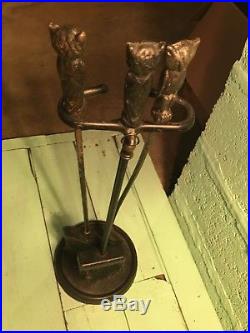 Vintage Mid Century 4 Piece Owl Fireplace Tools Stand Holder Metal Poker Hearth