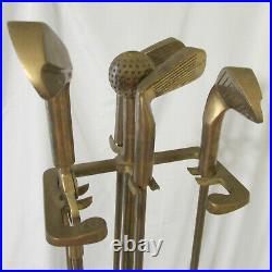 Vintage Mid-Century Brass 4 Piece Golf Club Fireplace Tool Set on Stand