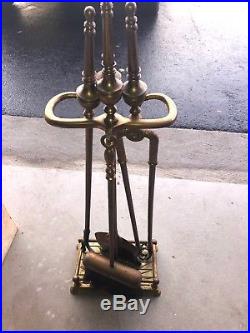 Vintage Mid Century Brass Fireplace Tools Ornate Stoker Shovel Tongs Brush Set