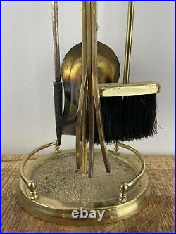 Vintage Mid Century Fireplace 4 Piece Brass Tool Set & Stand Heavy! Great Cond
