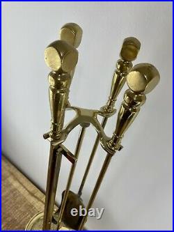 Vintage Mid Century Fireplace 4 Piece Brass Tool Set & Stand Heavy! Great Cond