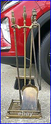 Vintage Mid Century Fireplace 4 Piece Brass Tool Set & Stand MCM fire