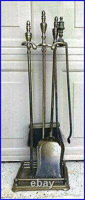Vintage Mid Century Fireplace 4 Piece Brass Tool Set & Stand MCM fire