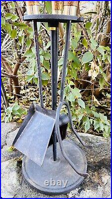 Vintage Mid-Century Long Wood Handle & Iron 4 Pc Fireplace Tool Set 32 Tall