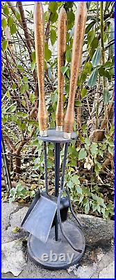 Vintage Mid-Century Long Wood Handle & Iron 4 Pc Fireplace Tool Set 32 Tall