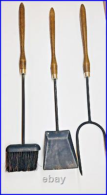 Vintage Mid-Century Long Wood Handle & Iron 4 Pc Fireplace Tool Set 32 Tall