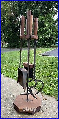 Vintage Mid Century Modern 5 Piece Fireplace Tools Set Wood And Iron 34 Tall